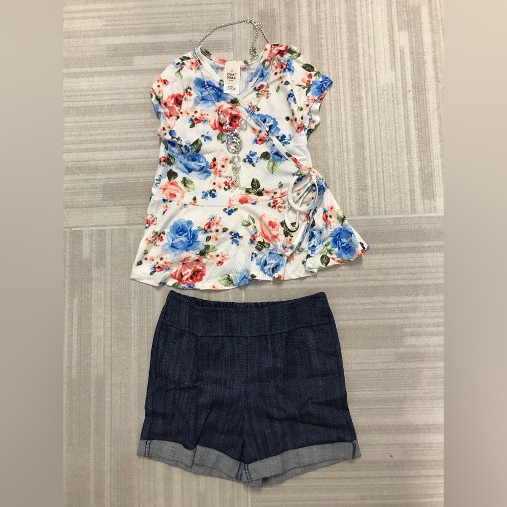 Little Toddler Girls 3 Pieces Girls Floral Flower Blouse Top Short Necklace Set